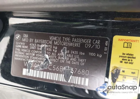 2011 BMW 328I z USA, uszkodzony, nr VIN WBAKE3C56BE557680